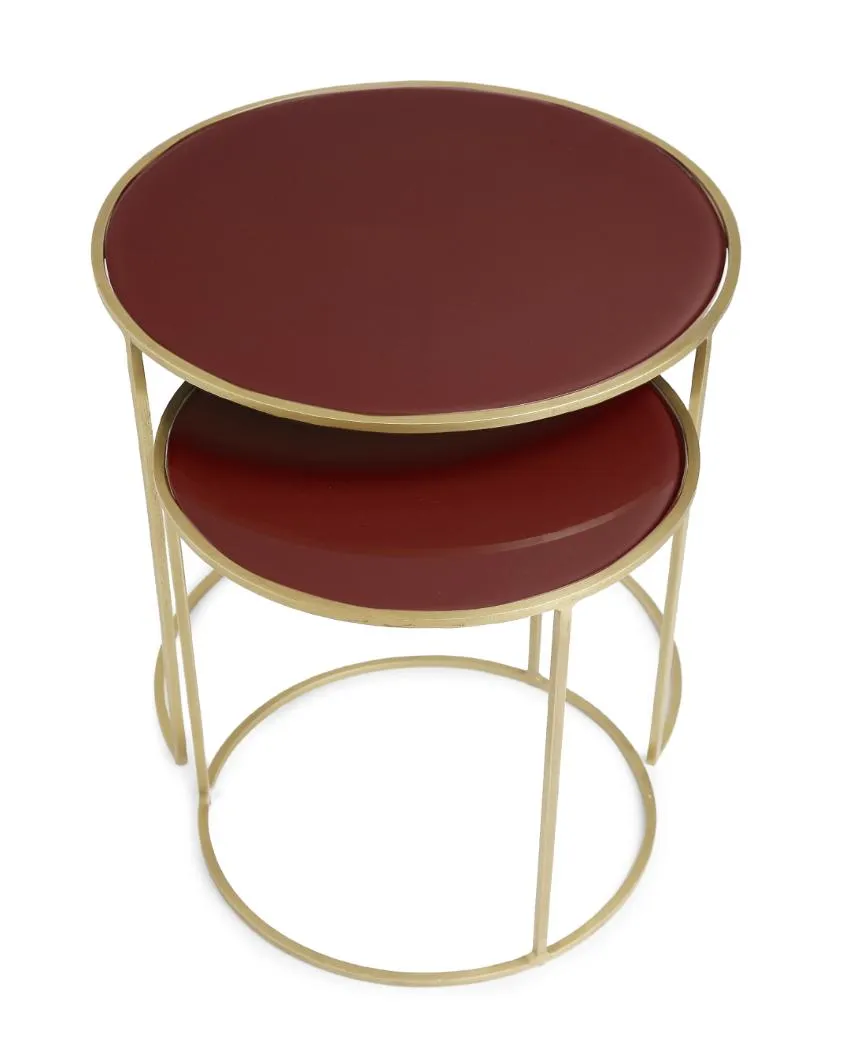 Pale Ruby Color Glass Top Nesting Tables | Set Of 2