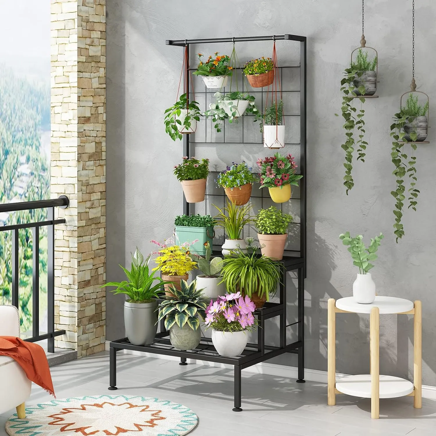 Plant Stand 3-Tier Hanging Shelves Flower Pot Organizer Multiple Flower Display Holder Indoor Outdoor Heavy Duty Potted Planter Rack Unit with Grid Panel for Living Room Balcony