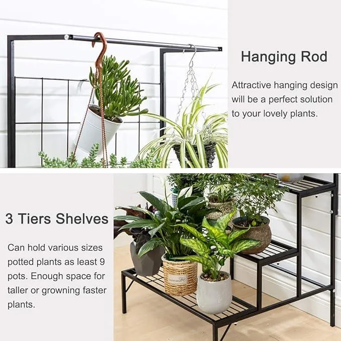 Plant Stand 3-Tier Hanging Shelves Flower Pot Organizer Multiple Flower Display Holder Indoor Outdoor Heavy Duty Potted Planter Rack Unit with Grid Panel for Living Room Balcony