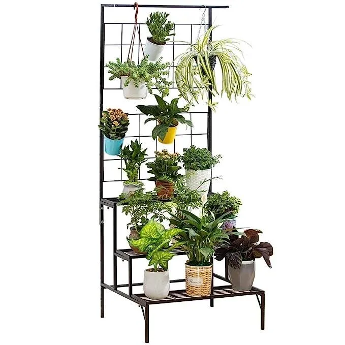 Plant Stand 3-Tier Hanging Shelves Flower Pot Organizer Multiple Flower Display Holder Indoor Outdoor Heavy Duty Potted Planter Rack Unit with Grid Panel for Living Room Balcony
