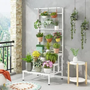 Plant Stand 3-Tier Hanging Shelves Flower Pot Organizer Multiple Flower Display Holder Indoor Outdoor Heavy Duty Potted Planter Rack Unit with Grid Panel for Living Room Balcony