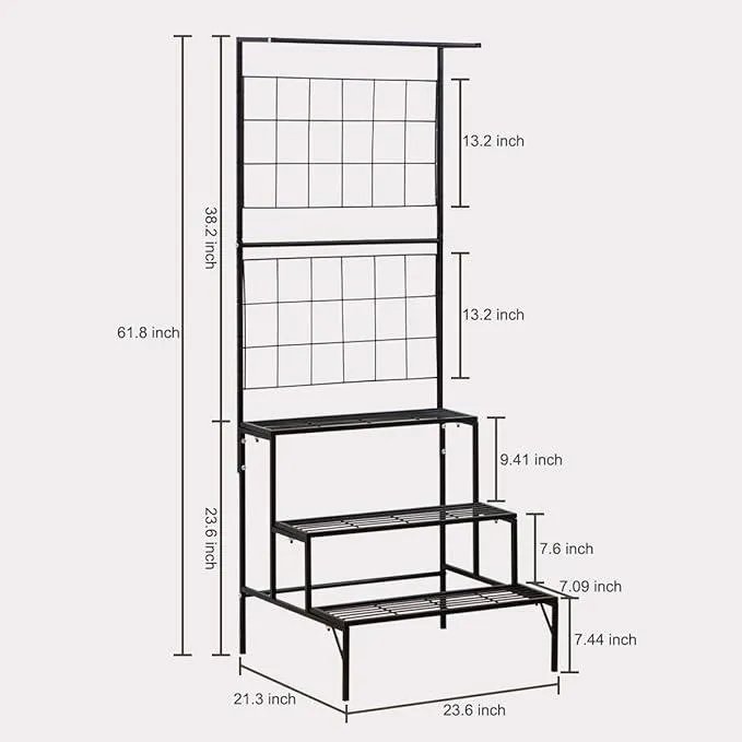 Plant Stand 3-Tier Hanging Shelves Flower Pot Organizer Multiple Flower Display Holder Indoor Outdoor Heavy Duty Potted Planter Rack Unit with Grid Panel for Living Room Balcony