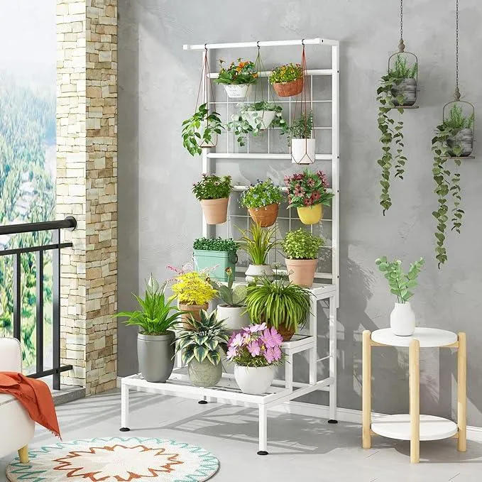 Plant Stand 3-Tier Hanging Shelves Flower Pot Organizer Multiple Flower Display Holder Indoor Outdoor Heavy Duty Potted Planter Rack Unit with Grid Panel for Living Room Balcony