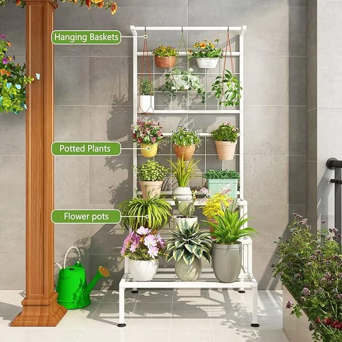 Plant Stand 3-Tier Hanging Shelves Flower Pot Organizer Multiple Flower Display Holder Indoor Outdoor Heavy Duty Potted Planter Rack Unit with Grid Panel for Living Room Balcony