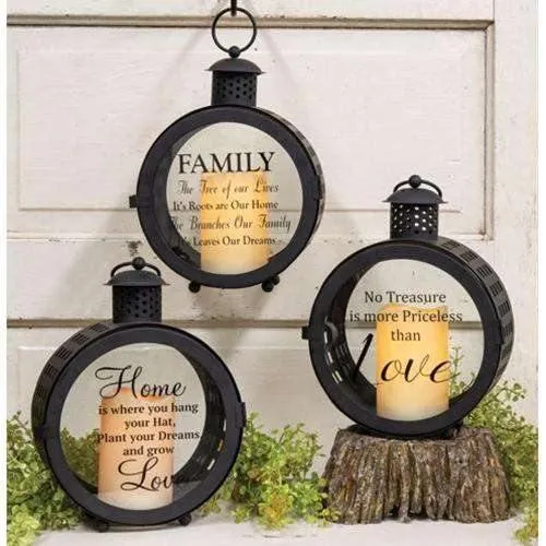 Round LED Sentiment Lantern, 3 Asstd. Designs Sold Individually