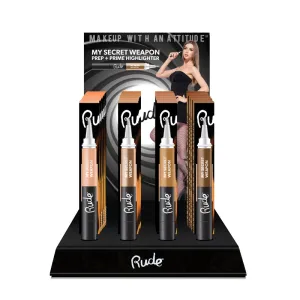 RUDE My Secret Weapon Prep/Prime Highlighter Acrylic Display Set, 48 Pieces   4 Testers