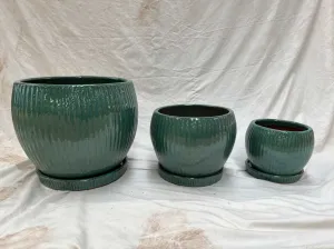 Set of 3 Shiny Sky Blue Glazed Ceramic Round Planters with Striped Design and Saucers