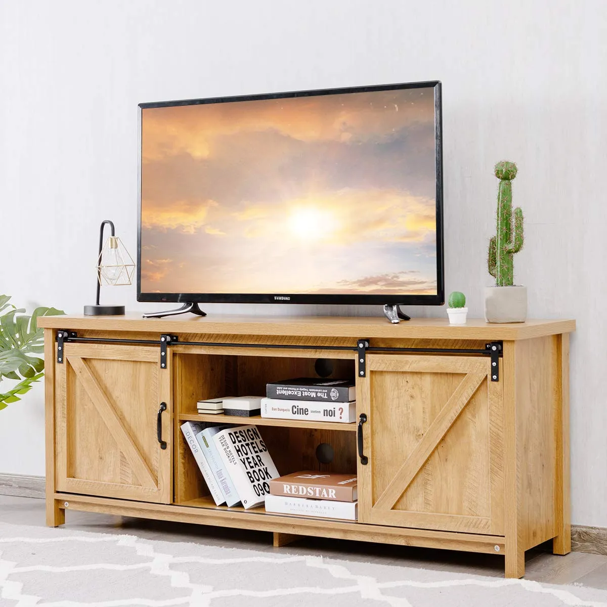 Tangkula Sliding Barn Door TV Stand, Wood TV Storage Cabinet for TVs Up to 65 Inch