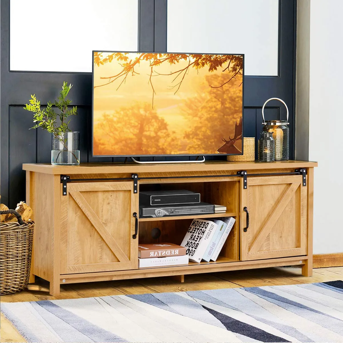 Tangkula Sliding Barn Door TV Stand, Wood TV Storage Cabinet for TVs Up to 65 Inch