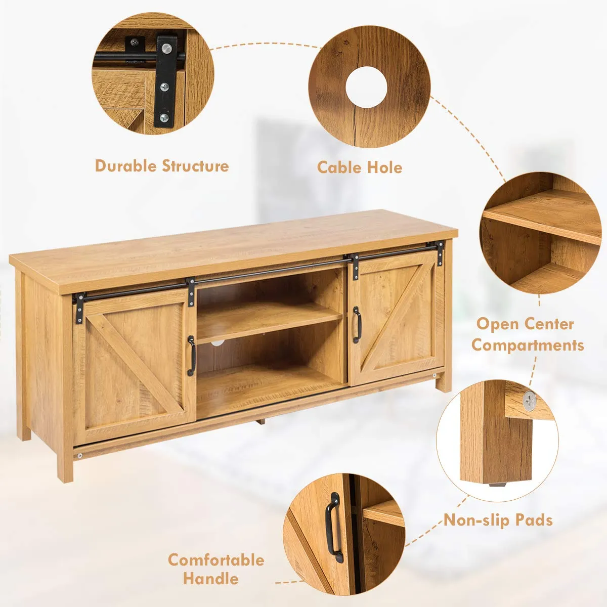 Tangkula Sliding Barn Door TV Stand, Wood TV Storage Cabinet for TVs Up to 65 Inch