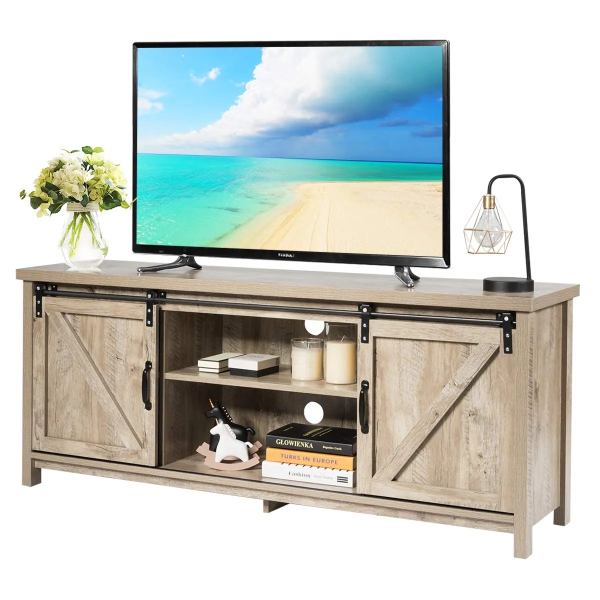 Tangkula Sliding Barn Door TV Stand, Wood TV Storage Cabinet for TVs Up to 65 Inch