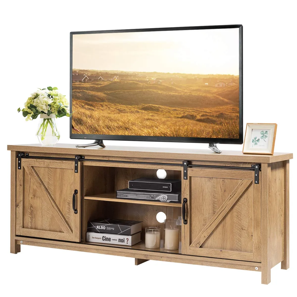 Tangkula Sliding Barn Door TV Stand, Wood TV Storage Cabinet for TVs Up to 65 Inch