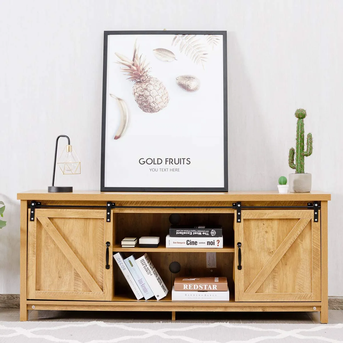 Tangkula Sliding Barn Door TV Stand, Wood TV Storage Cabinet for TVs Up to 65 Inch