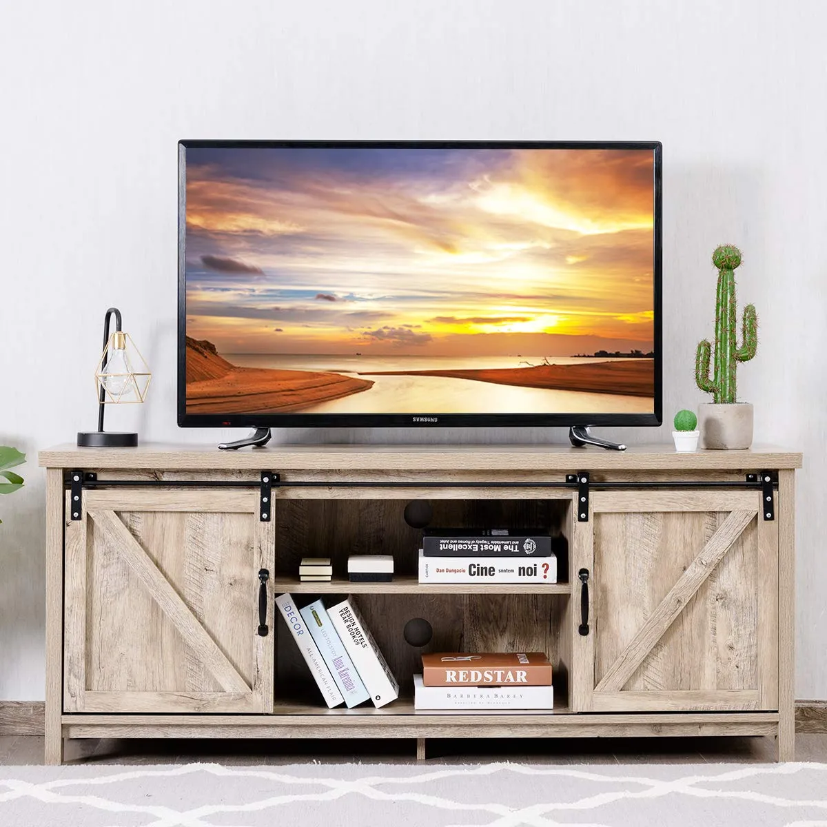 Tangkula Sliding Barn Door TV Stand, Wood TV Storage Cabinet for TVs Up to 65 Inch