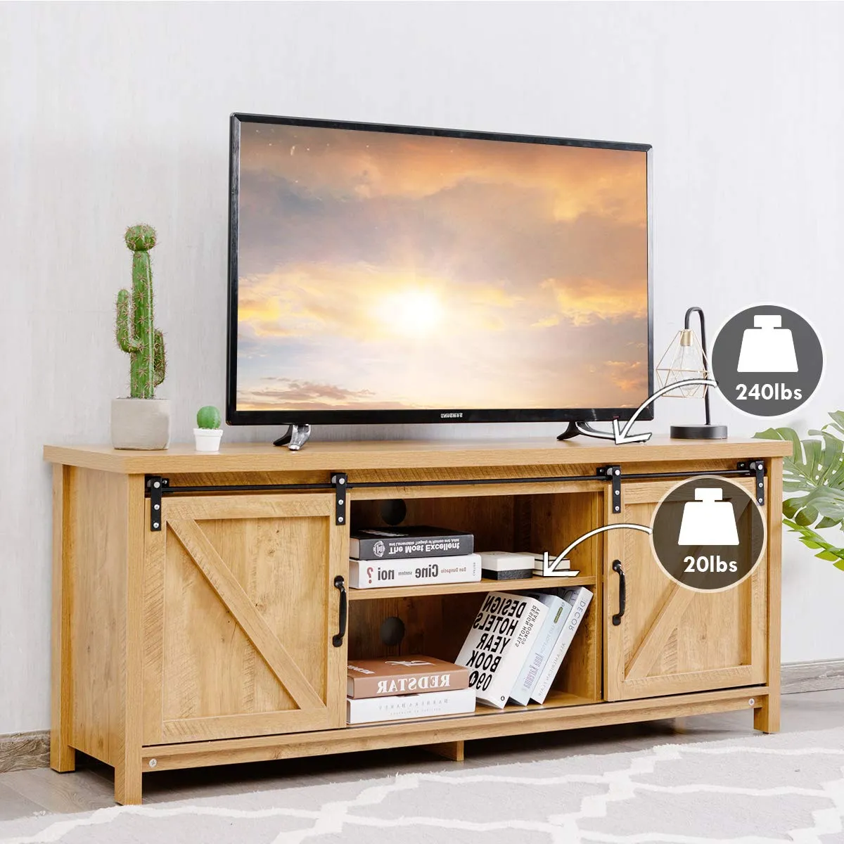 Tangkula Sliding Barn Door TV Stand, Wood TV Storage Cabinet for TVs Up to 65 Inch