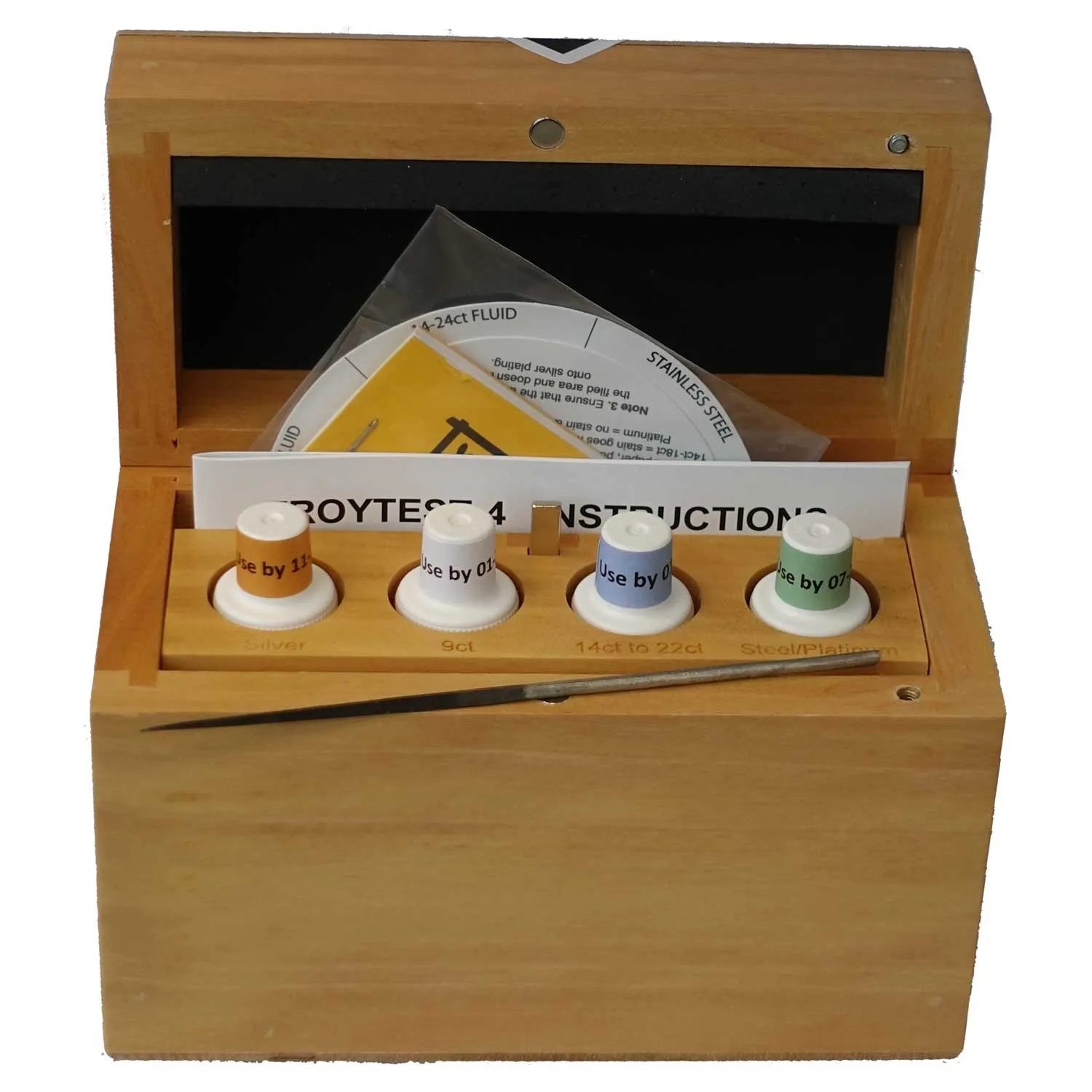 Troytest 4-bottle tester for gold, silver, platinum, white gold, palladium and steel